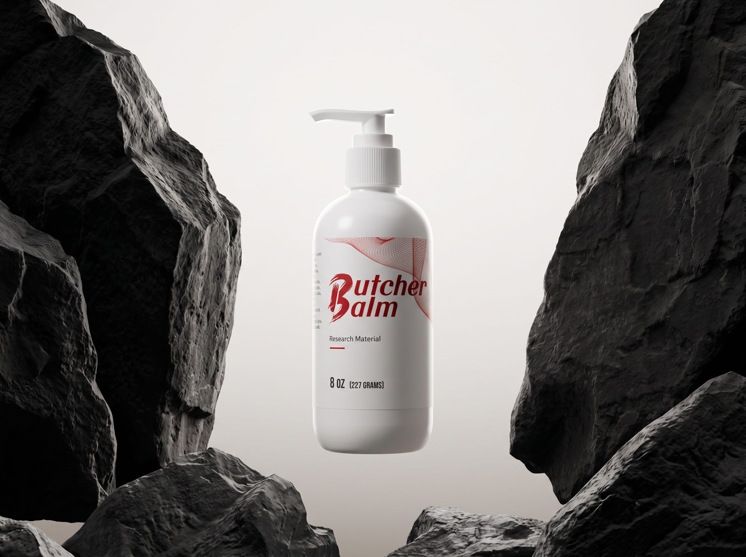 Butcher Balm 8oz bottle between dark rocks